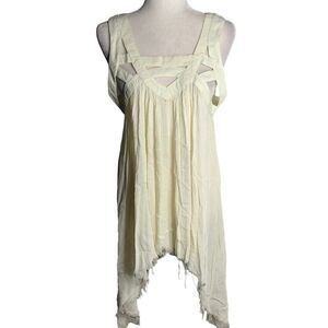 Penelope Babydoll Tunic Top Mini Dress L Cream Strappy Handkerchief Raw Hem